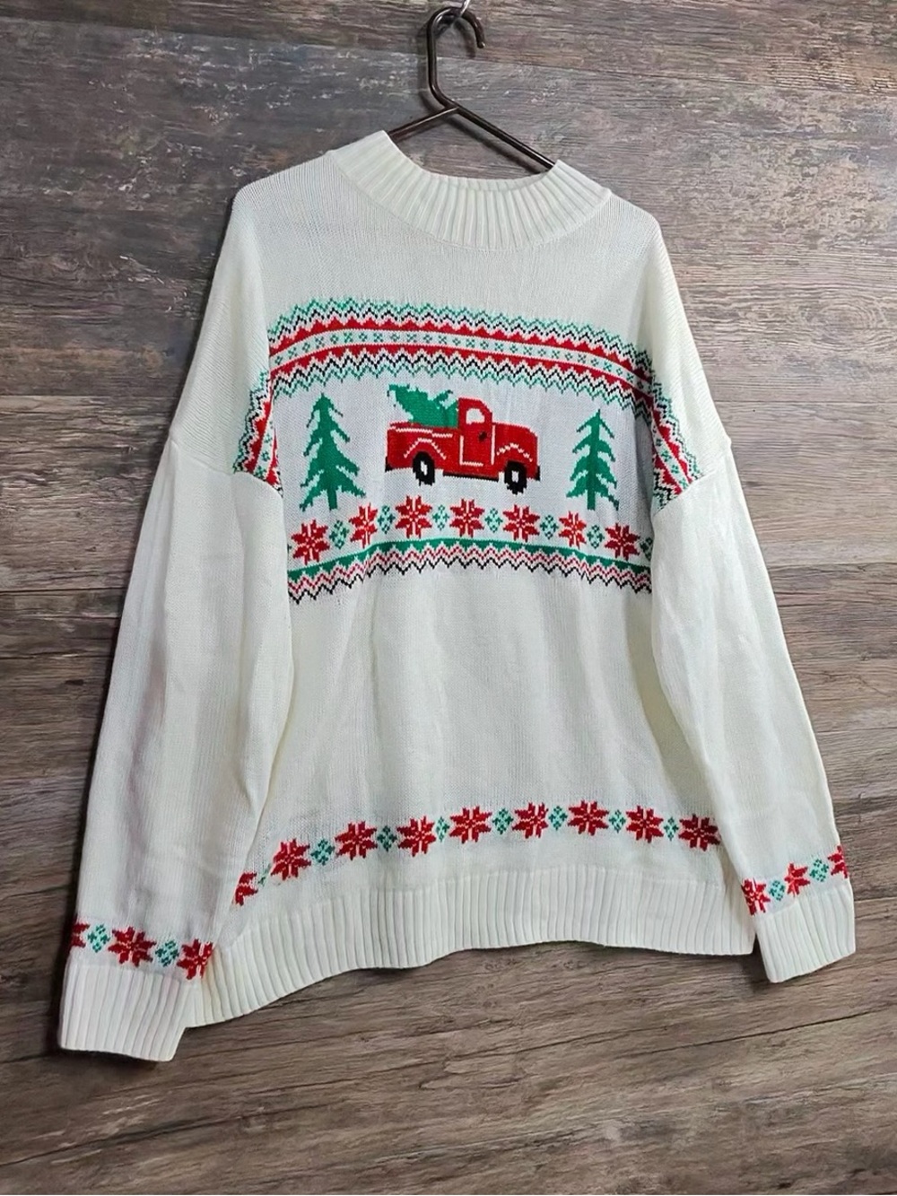 Tint & Shadow Women’s Christmas Cream Holiday Sweater with Red Truck Motif